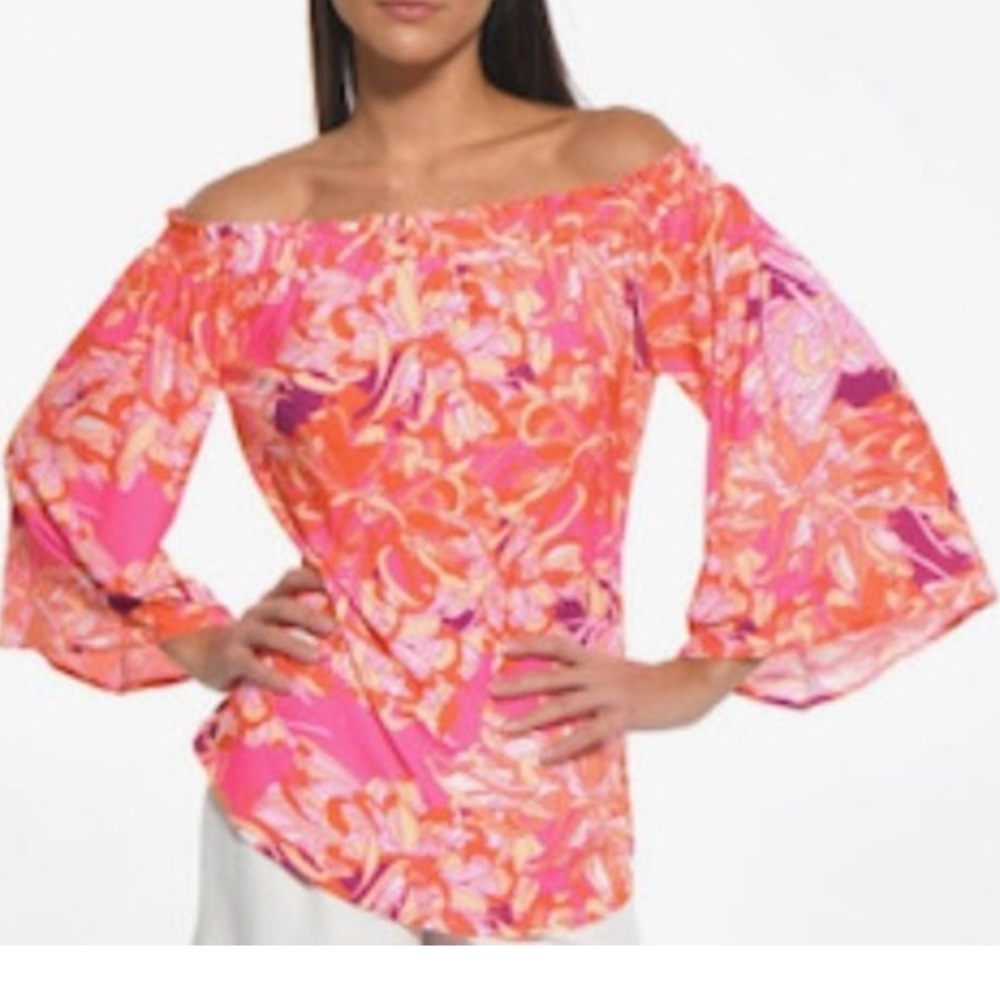 Julian Chang Off Shoulder Andrea Tropical Floral Top Pink Orange Small NWT